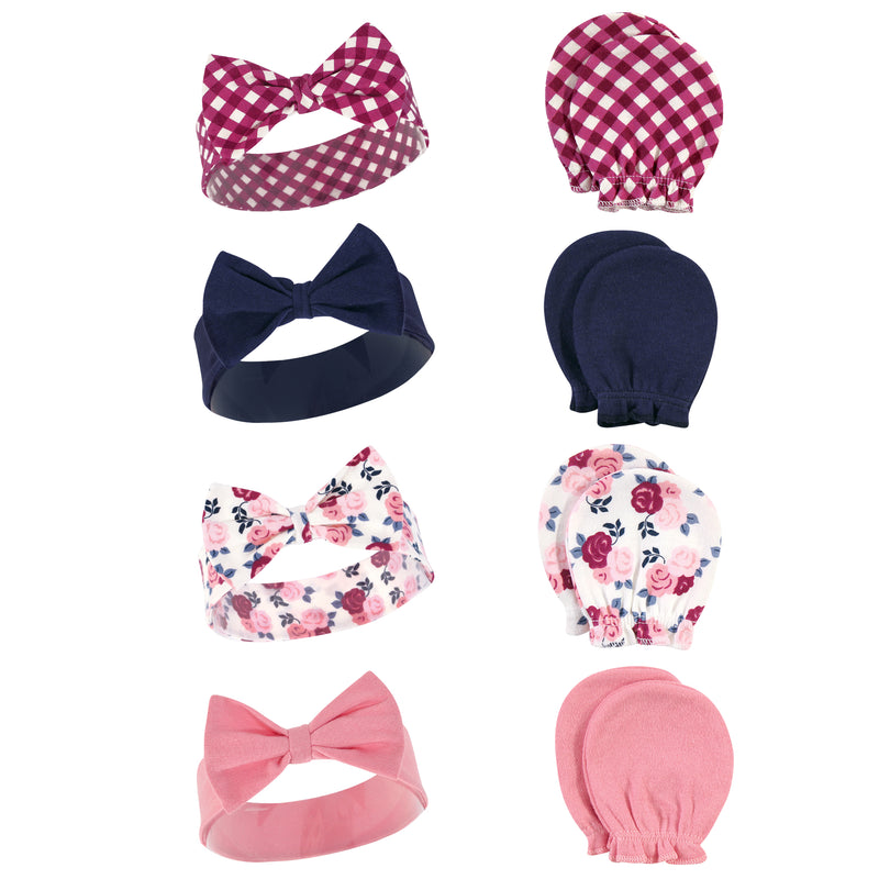 Hudson Baby Cotton Headband and Scratch Mitten Set, Pink Navy Floral