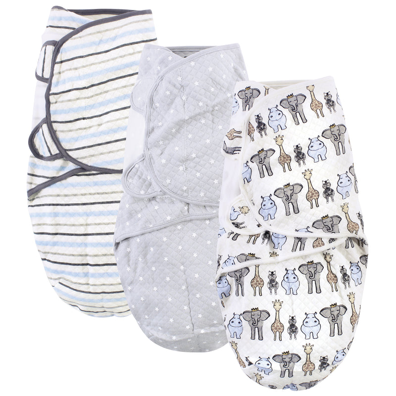 Hudson Baby Quilted Cotton Swaddle Wrap 3pk, Royal Safari