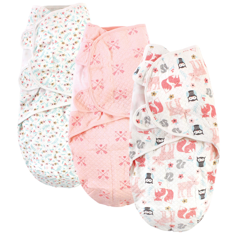 Hudson Baby Quilted Cotton Swaddle Wrap 3pk, Girl Forest