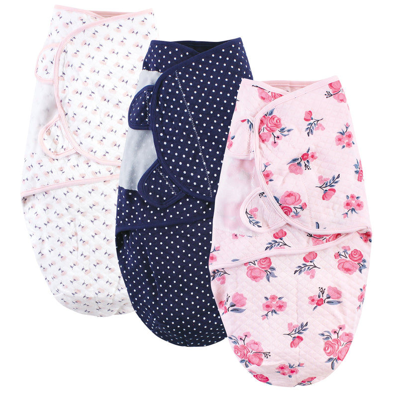Hudson Baby Quilted Cotton Swaddle Wrap 3pk, Pink Navy Floral
