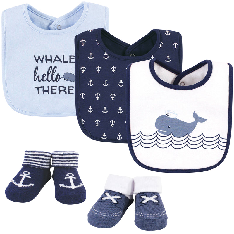 Hudson Baby Cotton Bib and Sock Set, Sailor Whale