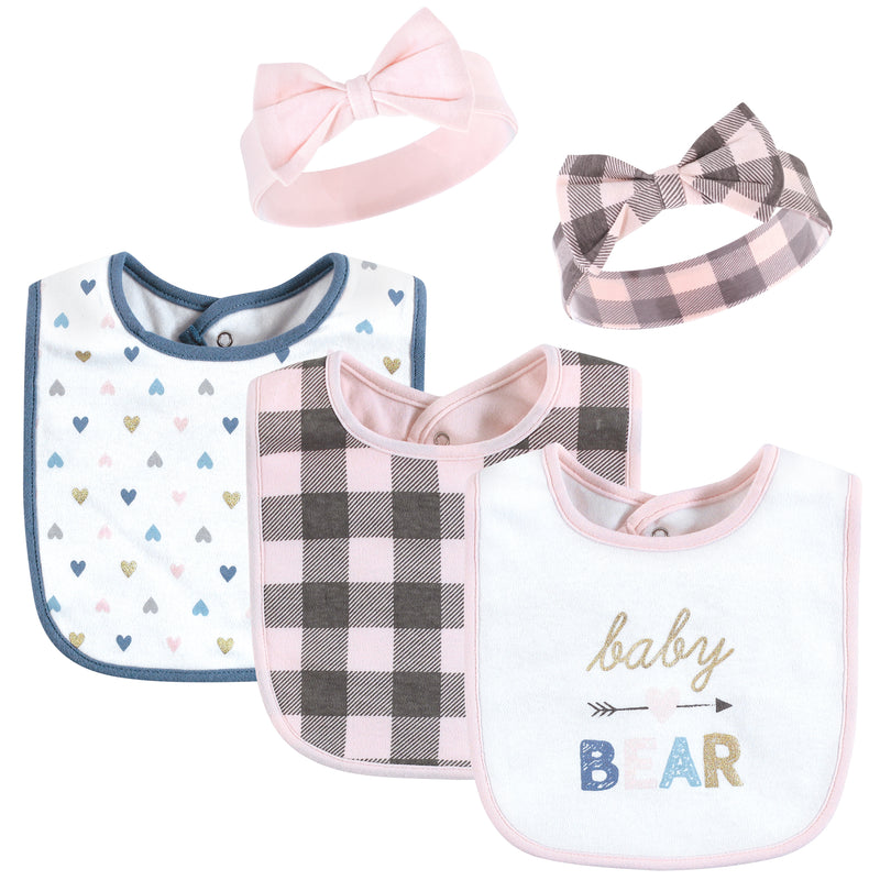 Hudson Baby Cotton Bib and Headband or Caps Set, Girl Baby Bear