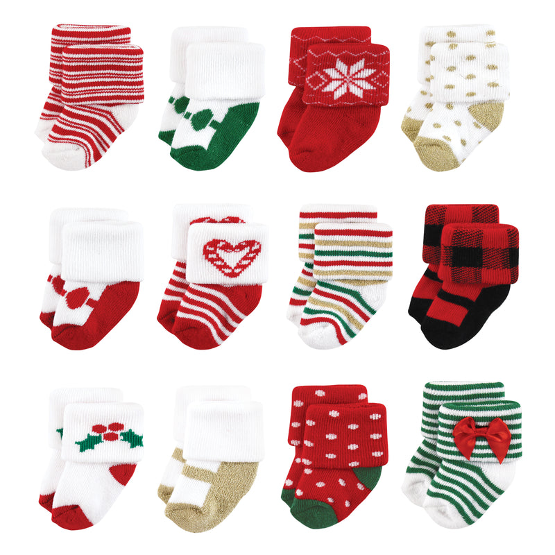 Hudson Baby Cotton Rich Newborn and Terry Socks, 12 Days Of Christmas Girl