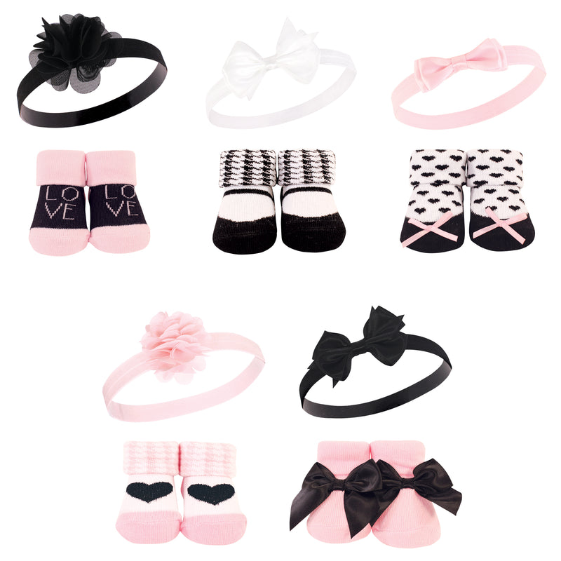 Hudson Baby Headband and Socks Giftset, Pink Black Love 10-Pack