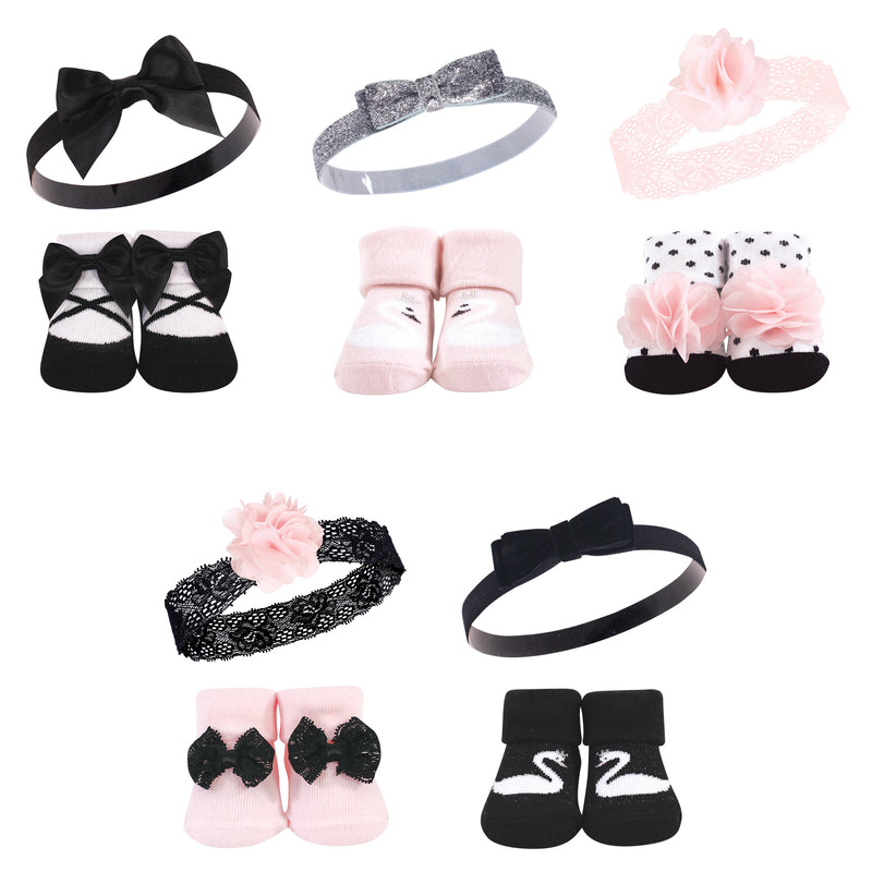 Hudson Baby Headband and Socks Giftset, Swan 10-Pack