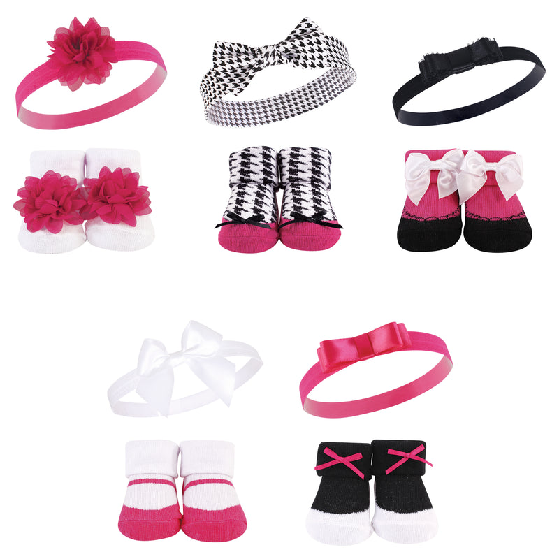 Hudson Baby Headband and Socks Giftset, Dark Pink Black 10-Pack