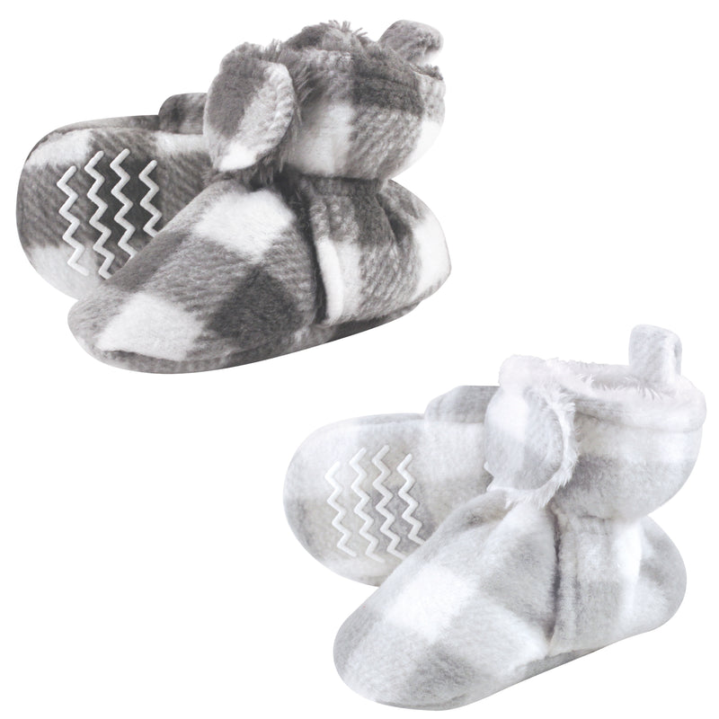 Hudson Baby Cozy Fleece Booties, Charcoal Gray White Plaid