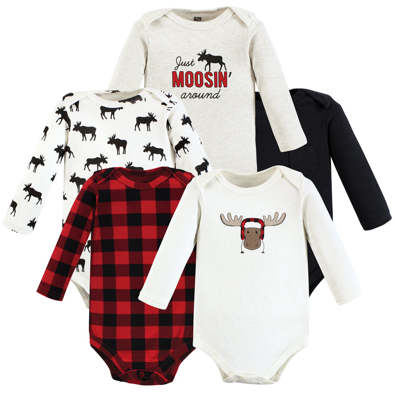 Hudson Baby Cotton Long-Sleeve Bodysuits, Winter Moose 5-Pack