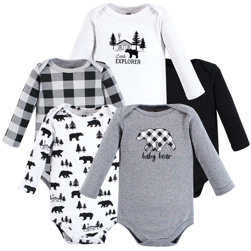 Hudson Baby Cotton Long-Sleeve Bodysuits, Baby Bear Gray Black 5-Pack