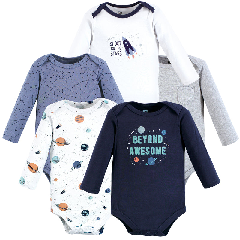 Hudson Baby Cotton Long-Sleeve Bodysuits, Space 5-Pack