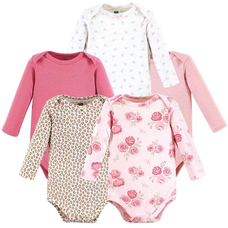 Hudson Baby Cotton Long-Sleeve Bodysuits, Blush Rose Leopard 5-Pack