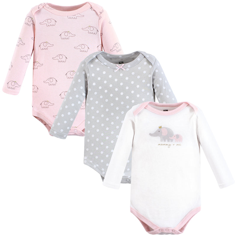 Hudson Baby Cotton Long-Sleeve Bodysuits, Pink Gray Elephant 3-Pack