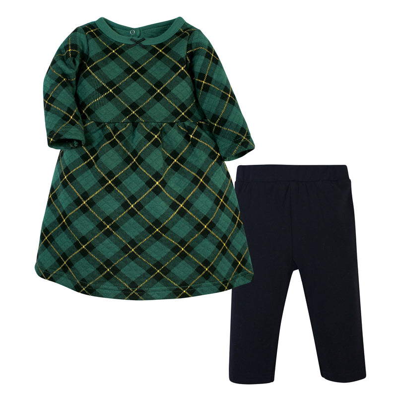 Hudson Baby Quilted Cotton Dress and Leggings, Forest Green Plaid