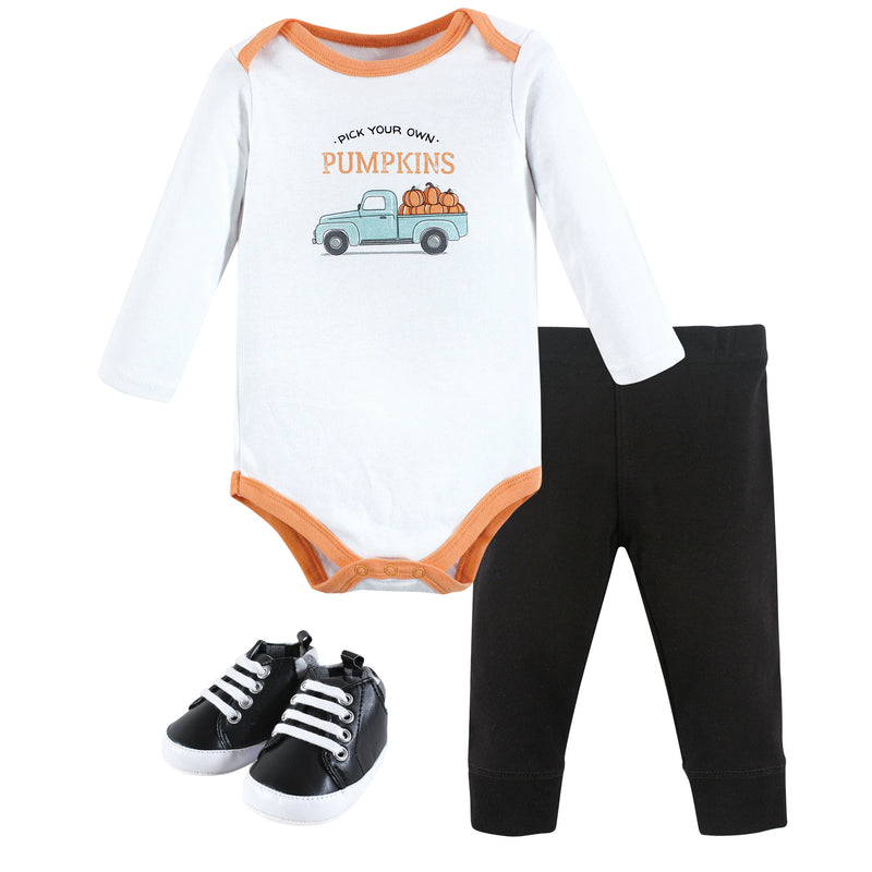 Hudson Baby Cotton Bodysuit, Pant and Shoe Set, Pumpkin Truck
