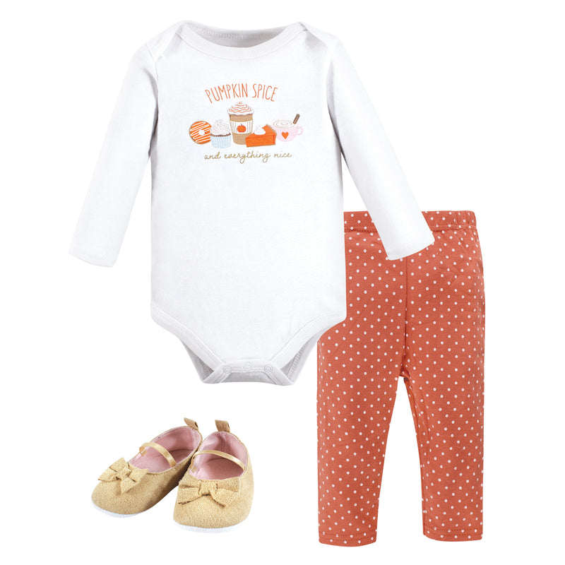 Hudson Baby Cotton Bodysuit, Pant and Shoe Set, Pumpkin Spice Orange