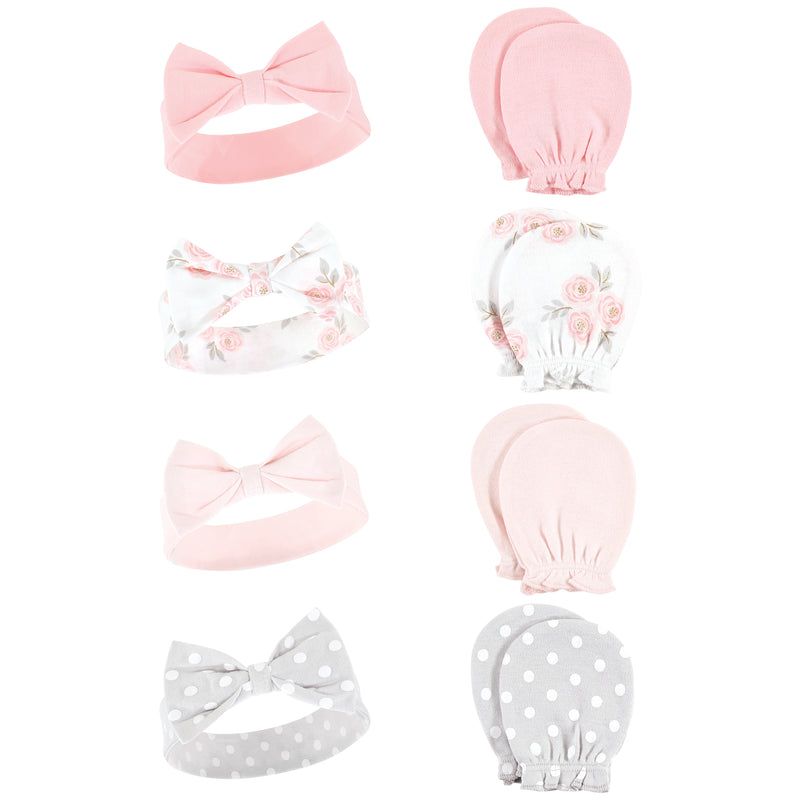 Hudson Baby Cotton Headband and Scratch Mitten Set, Pink Gray Floral 8-Piece