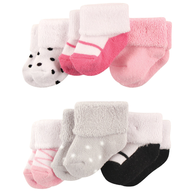 Luvable Friends Newborn and Baby Socks Set, Pink Black Shoes
