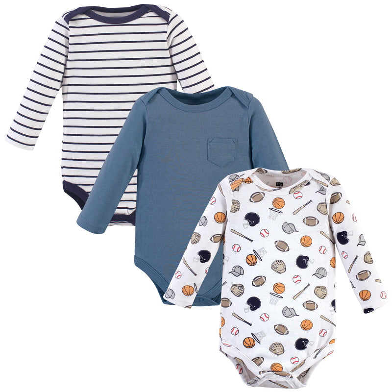 Hudson Baby Cotton Long-Sleeve Bodysuits, Basic Sports 3-Pack