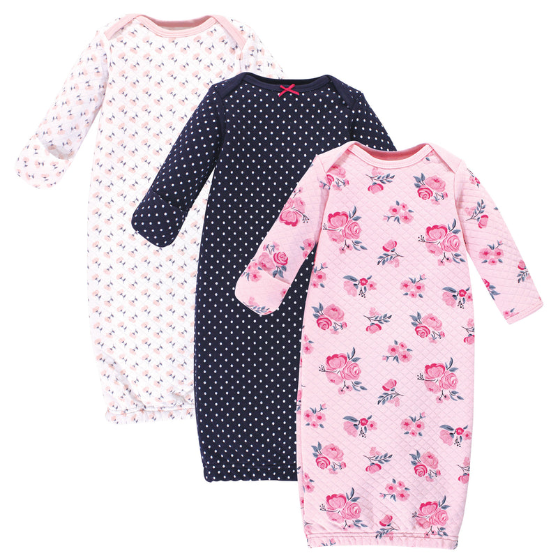 Hudson Baby Quilted Cotton Gowns 3pk, Pink Navy Floral