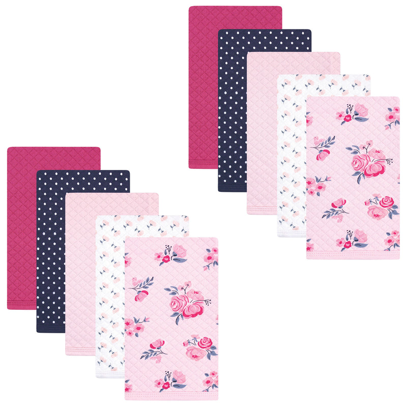 Hudson Baby Quilted Burp Cloths, Pink Navy Floral