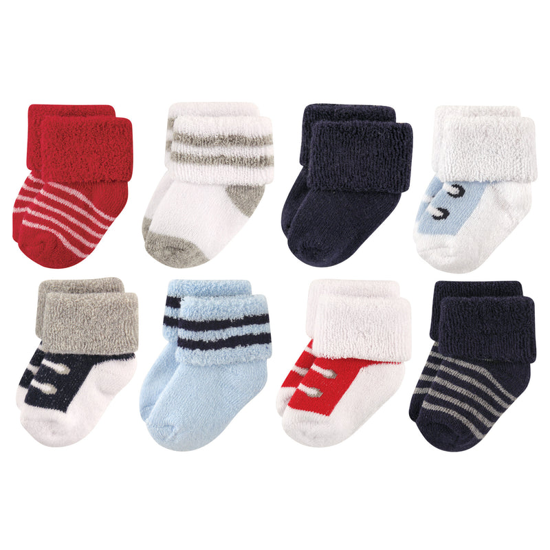 Luvable Friends Newborn and Baby Terry Socks, Red Navy Sneakers