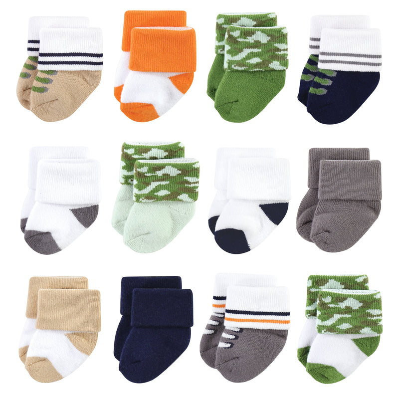 Luvable Friends Newborn and Baby Terry Socks, Camo 12-Pack