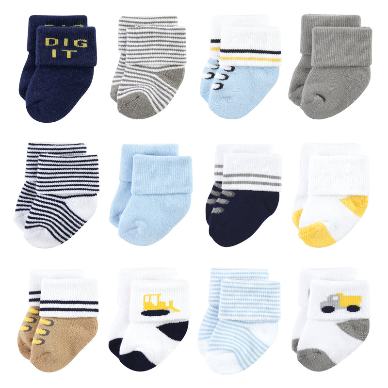 Luvable Friends Newborn and Baby Terry Socks, Bulldozer 12-Pack