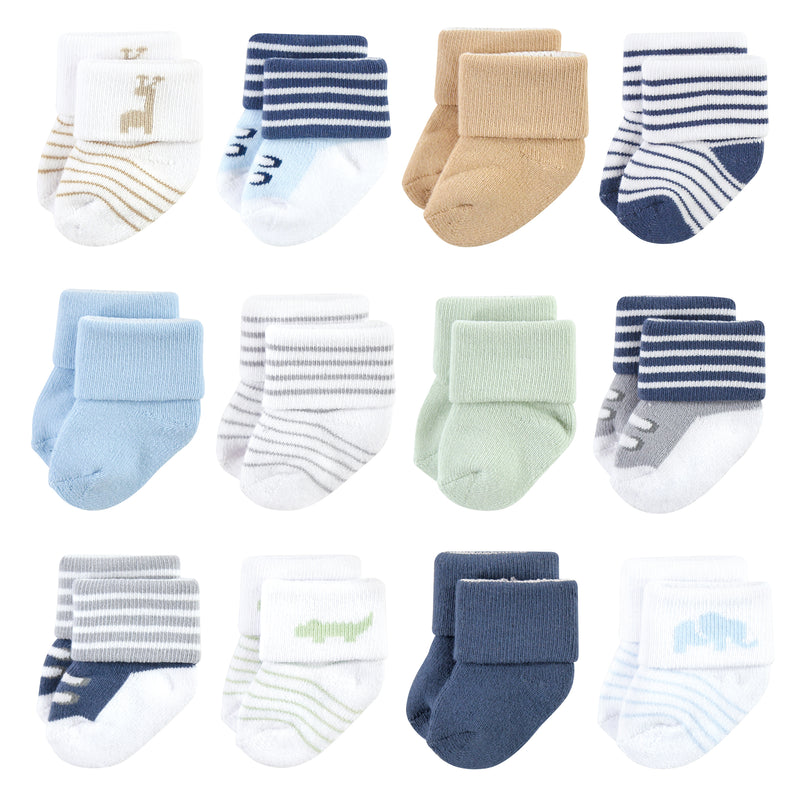 Luvable Friends Newborn and Baby Terry Socks, Safari 12-Pack