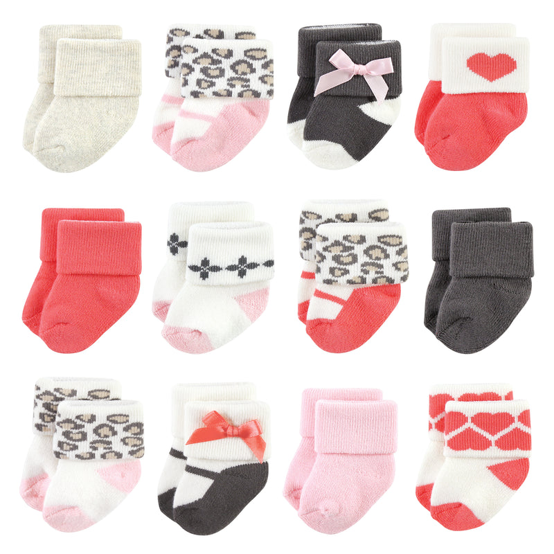 Luvable Friends Newborn and Baby Terry Socks, Leopard 12-Pack
