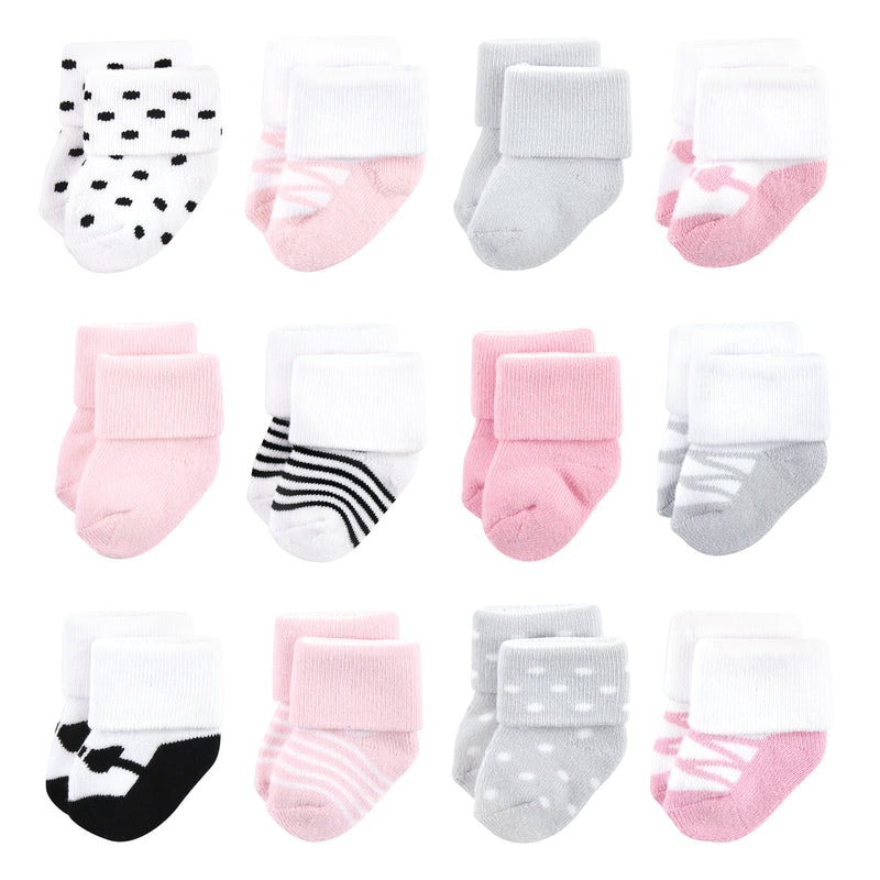 Luvable Friends Newborn and Baby Terry Socks, Pink Black Ballet 12-Pack