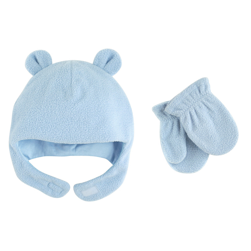 Luvable Friends Beary Cozy Hat and Mitten Set, Light Blue Toddler