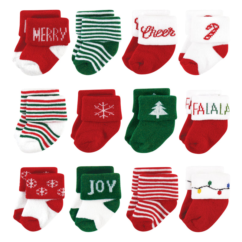 Hudson Baby Cotton Rich Newborn and Terry Socks, 12 Days Of Christmas Falala