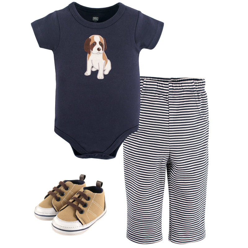 Hudson Baby Cotton Bodysuit, Pant and Shoe Set, Dog