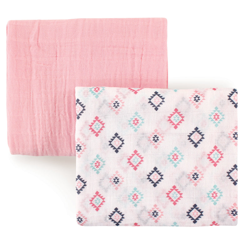Hudson Baby Cotton Muslin Swaddle Blankets, Pink Aztec
