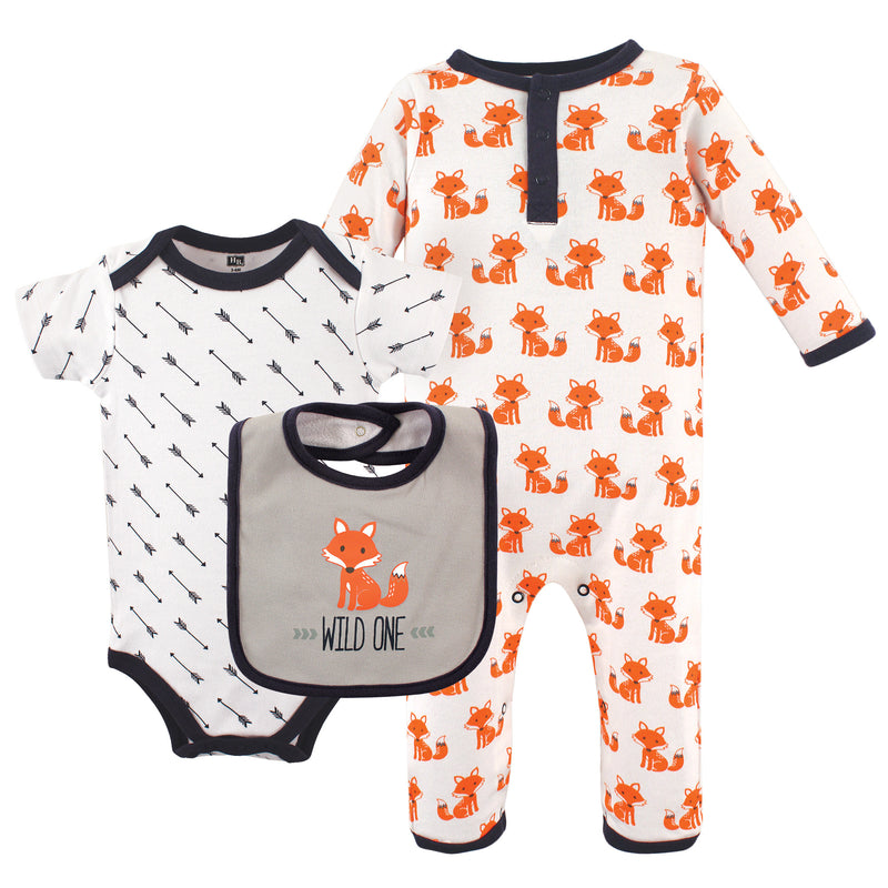 Hudson Baby Cotton Coverall, Bodysuit and Bib Set, Wild One