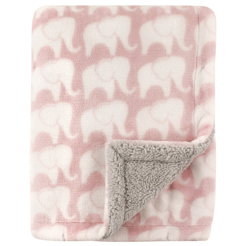 Hudson Baby Plush Blanket with Sherpa Back, Pink Elephant