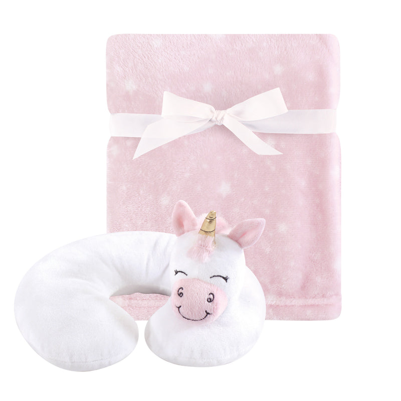 Hudson Baby Neck Pillow and Plush Blanket Set, Pink Unicorn