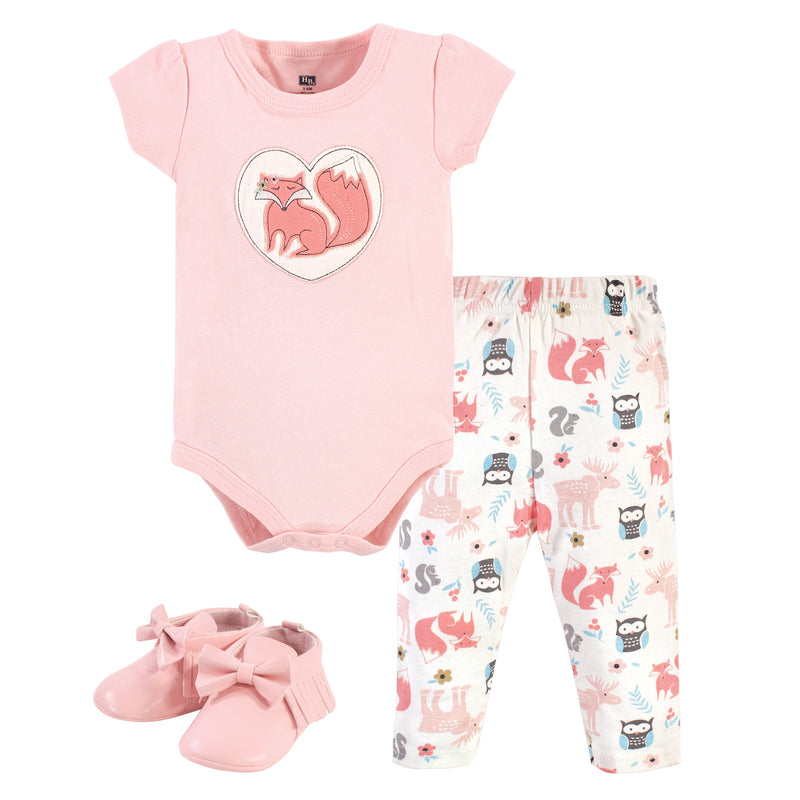 Hudson Baby Cotton Bodysuit, Pant and Shoe Set, Girl Forest
