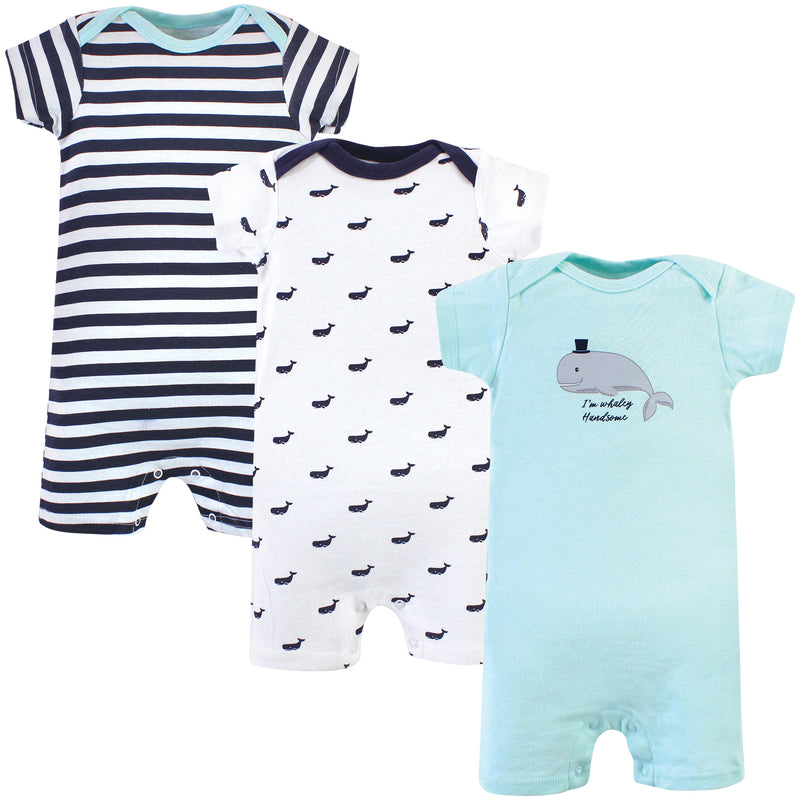 Hudson Baby Cotton Rompers, Teal Whale