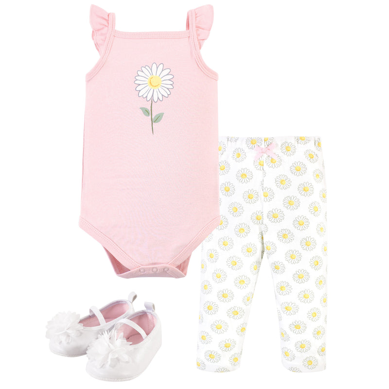 Hudson Baby Cotton Bodysuit, Pant and Shoe Set, Pink Daisy