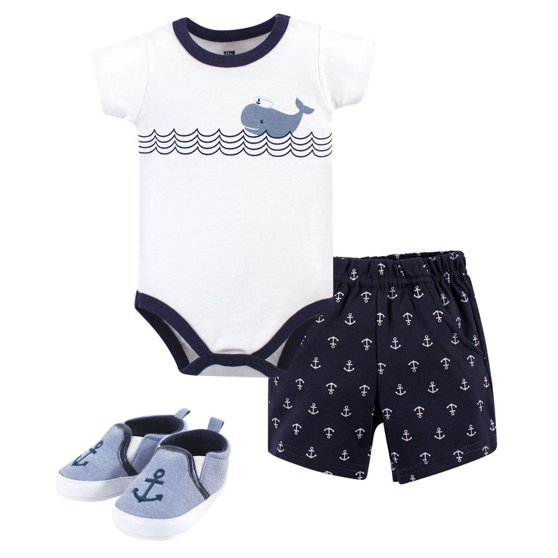 Hudson Baby Cotton Bodysuit, Shorts and Shoe Set, Blue Sailor Whale