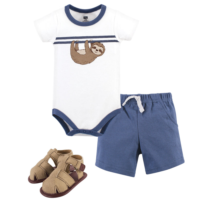 Hudson Baby Cotton Bodysuit, Shorts and Shoe Set, Sloth