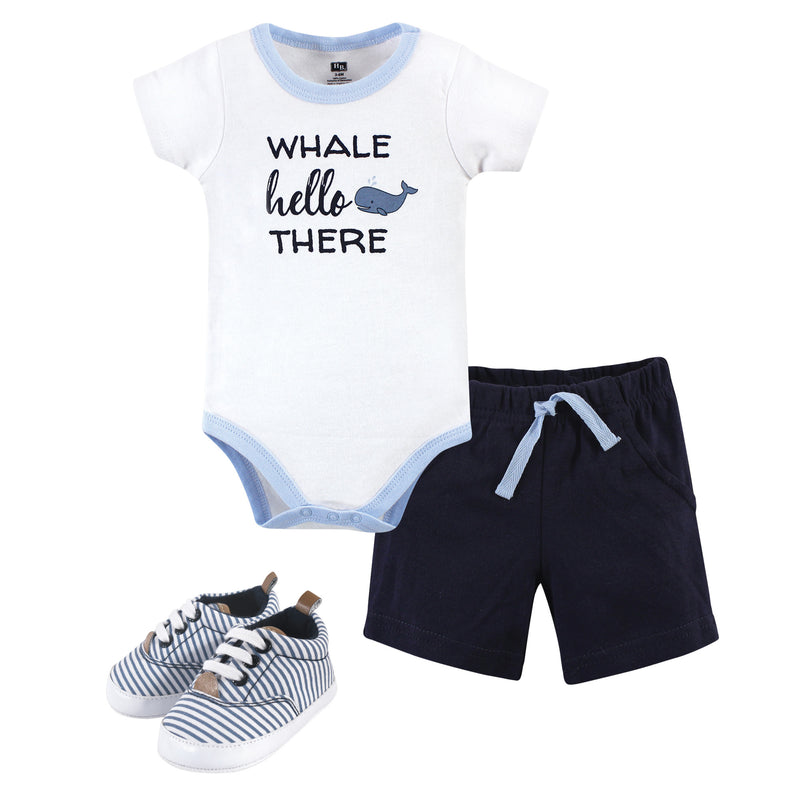 Hudson Baby Cotton Bodysuit, Shorts and Shoe Set, Whale Hello
