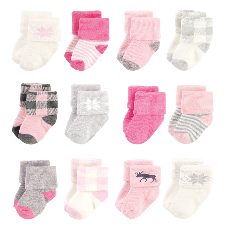 Hudson Baby Cotton Rich Newborn and Terry Socks, Pink Moose