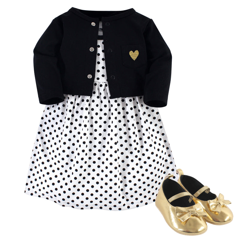Hudson Baby Cotton Dress, Cardigan and Shoe Set, Black Dot