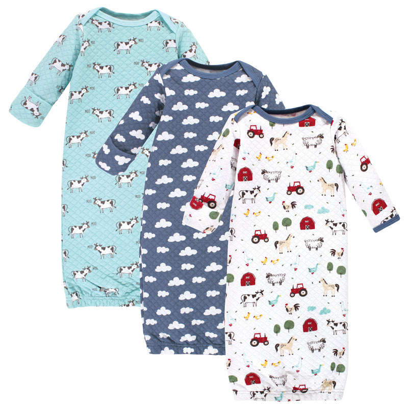 Hudson Baby Quilted Cotton Gowns 3pk, Boy Farm Animals