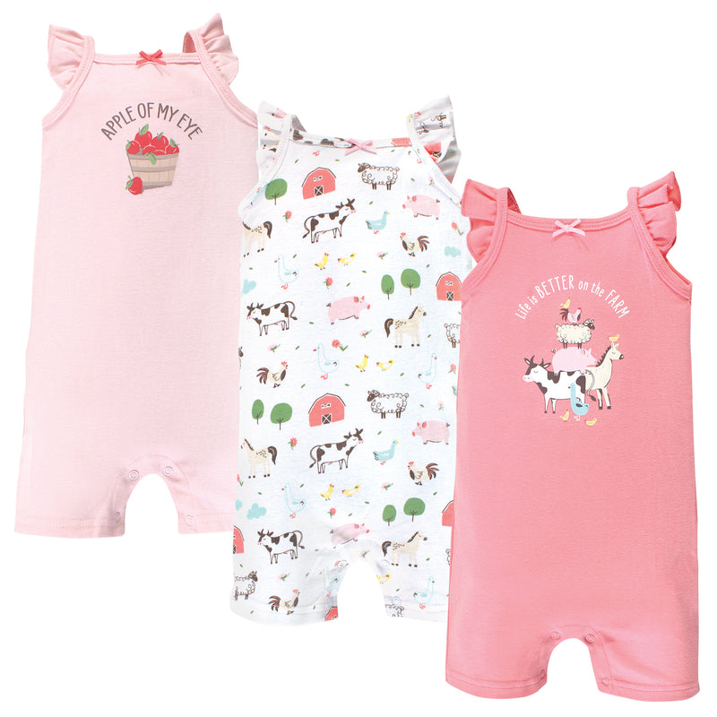 Hudson Baby Cotton Rompers, Girl Farm Animals