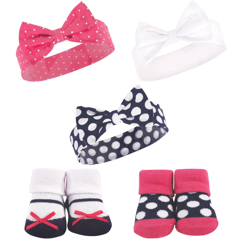 Hudson Baby Headband and Socks Set, Navy Pink Dot