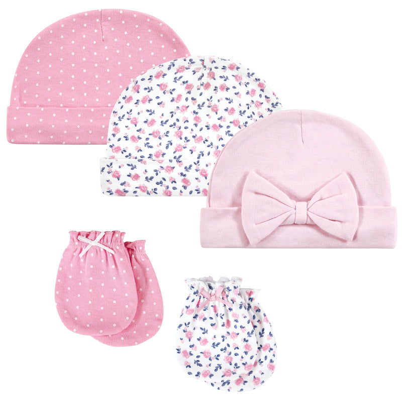 Hudson Baby Cotton Cap and Scratch Mitten Set, Blue Pink Floral 5-Pack