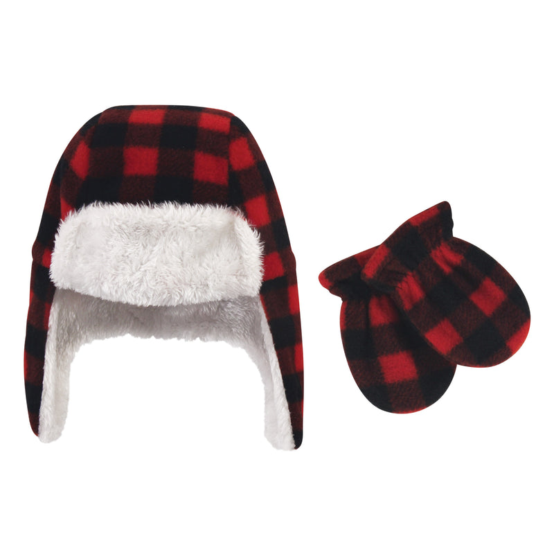 Hudson Baby Fleece Trapper Hat and Mitten Set, Black Red Plaid Toddler